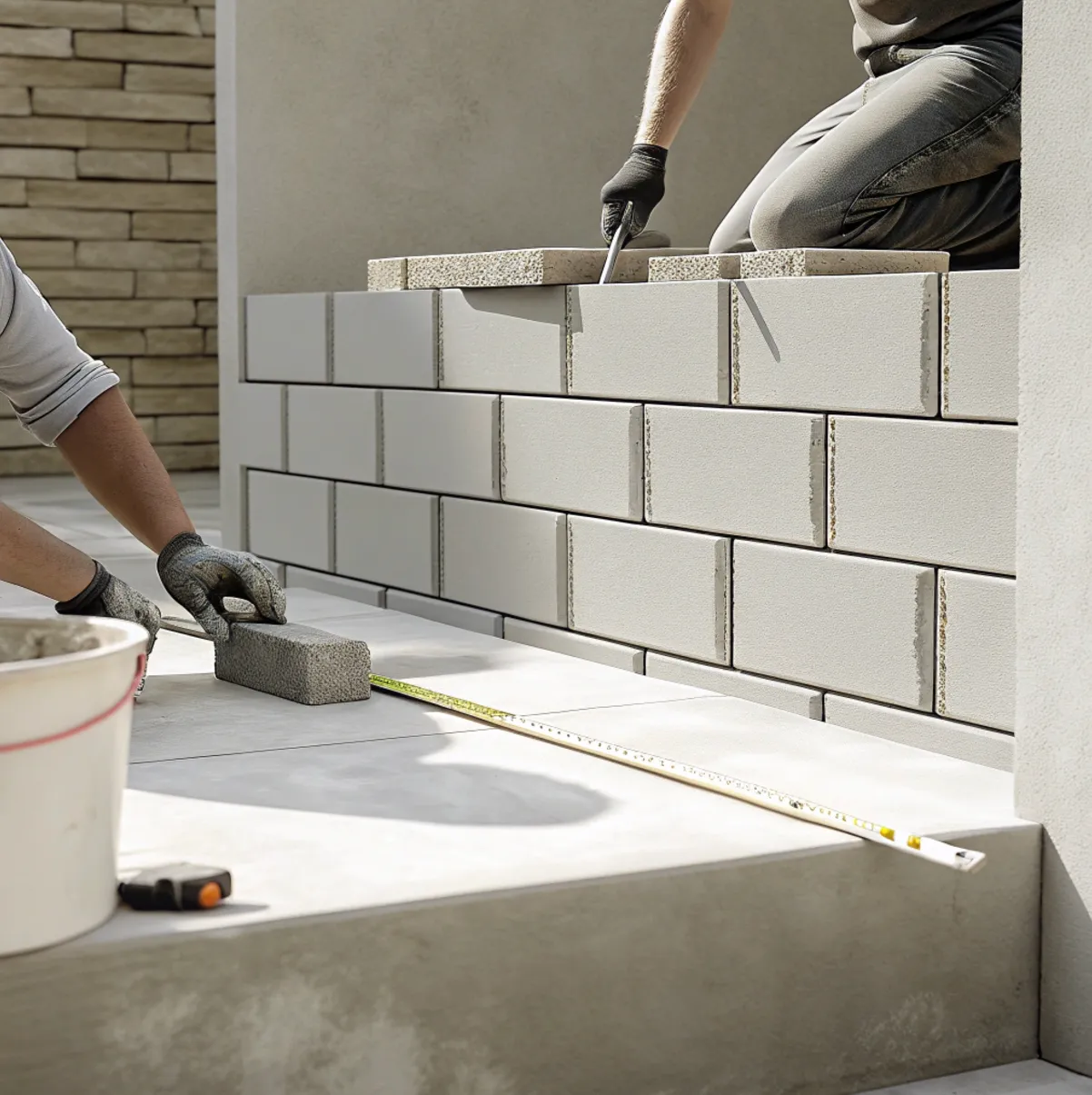 Mason in work gloves laying large light stone blocks