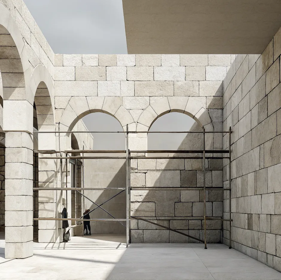 Stone archways with scaffolding during restoration