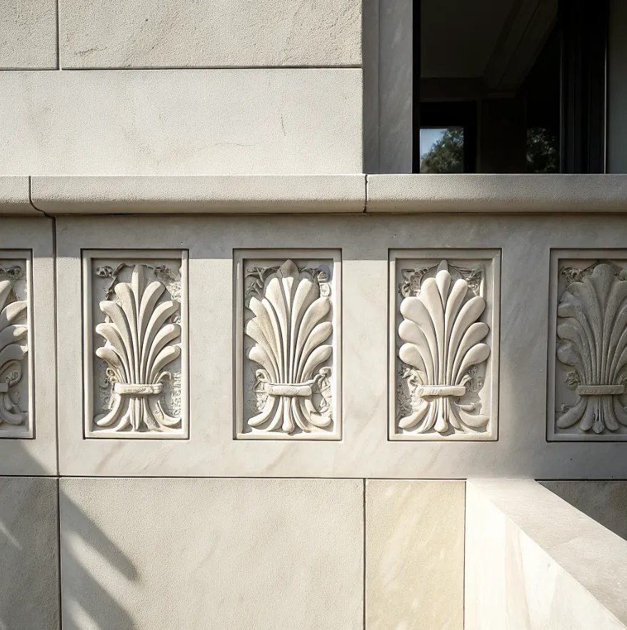 Ornate carved stone leaf motifs on architectural surface