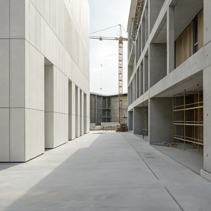 Modern multi-story white building with narrow vertical window slots