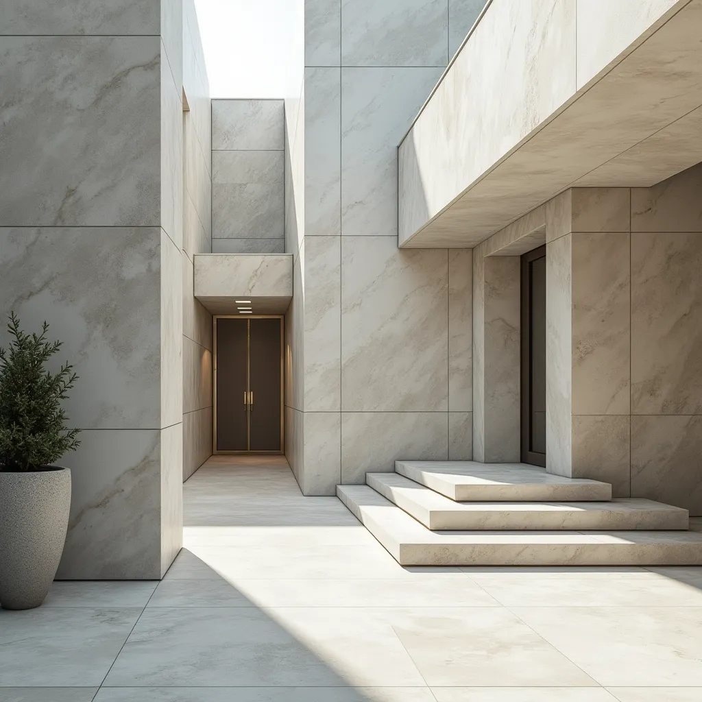 Bright marble corridor with steps and glass doors